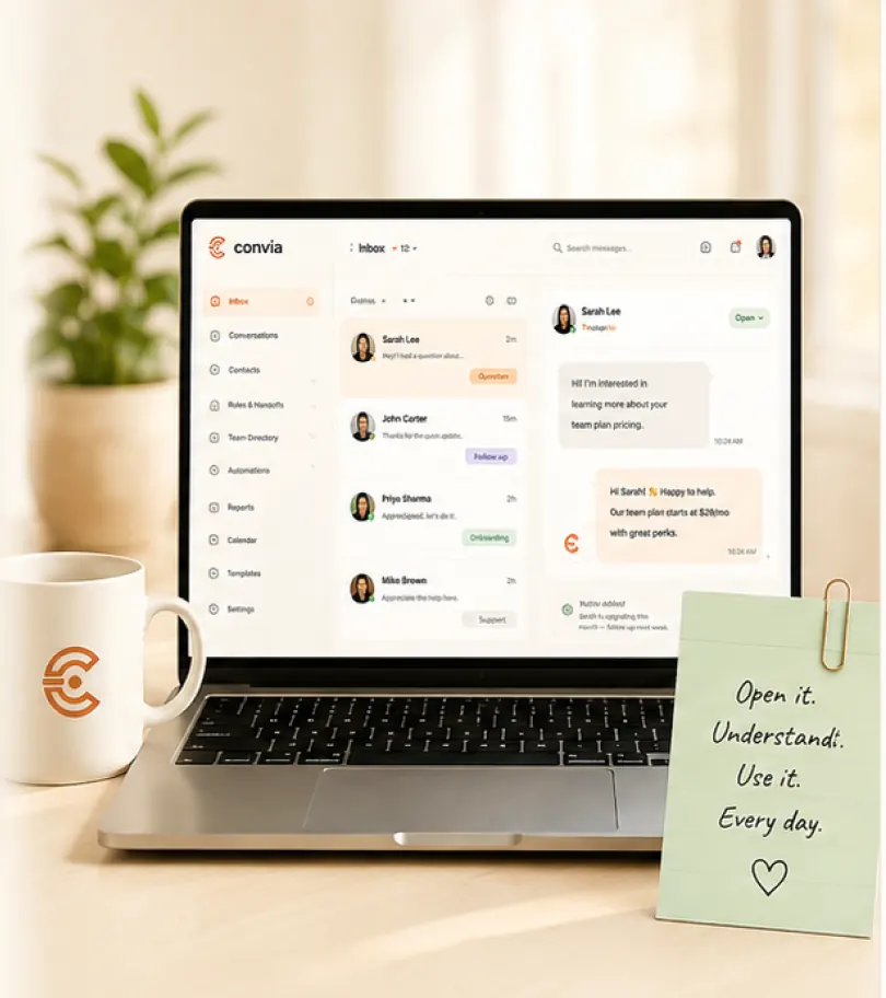 Convia dashboard workspace on a laptop with mug and plant